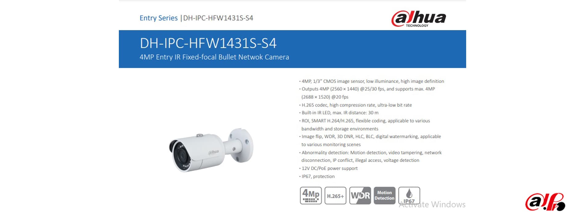 ویژگی‌های دوربین مداربسته داهوا مدل dh-ipc-hfw1431sp-s4